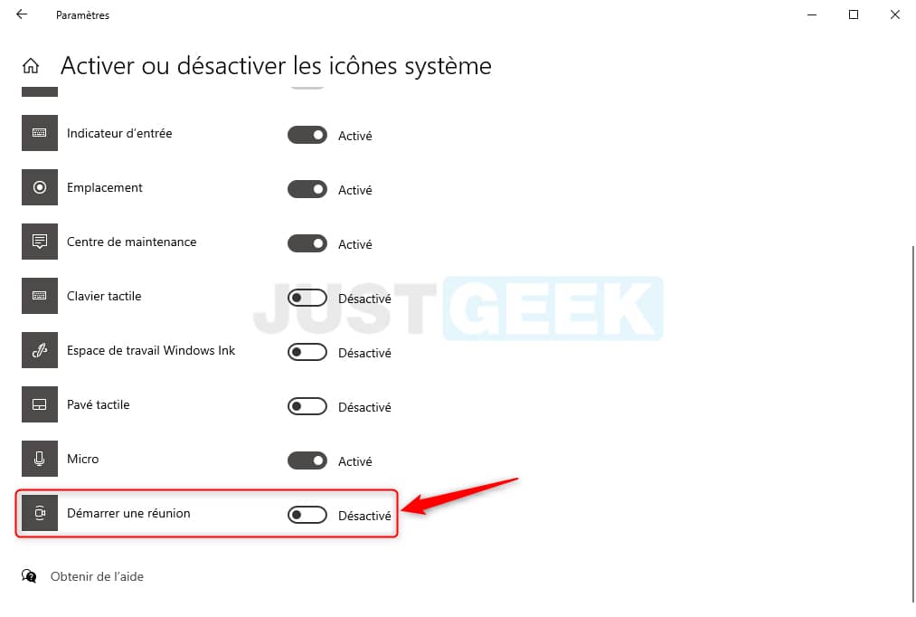 Desactivar el icono Iniciar reunión de Windows 10