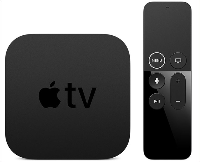Caja de Apple TV con control sobre un fondo blanco.