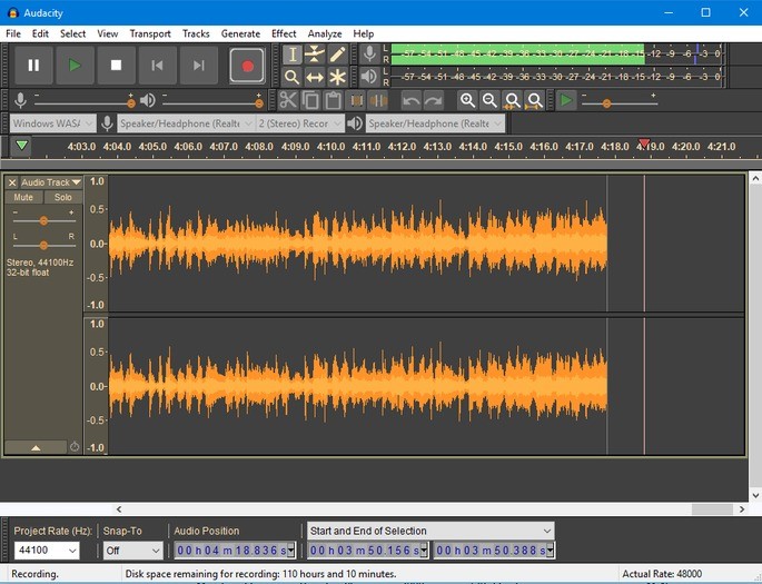 captura de pantalla del editor de audio audacity