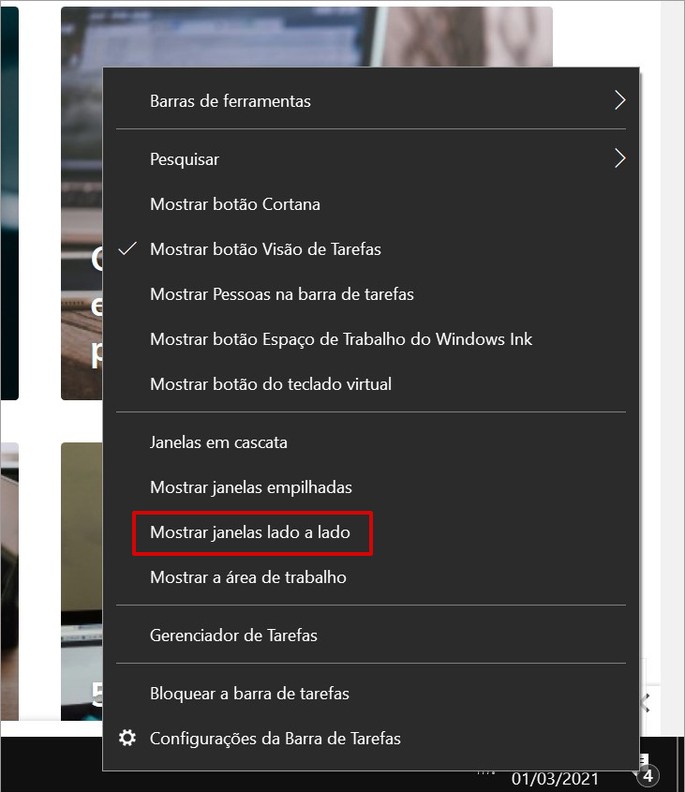 La barra de herramientas de Windows muestra la opción de ventanas una al lado de la otra