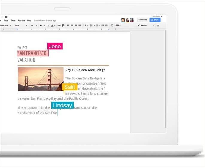 Trabajo colaborativo en Google Docs mostrado en una computadora portátil blanca