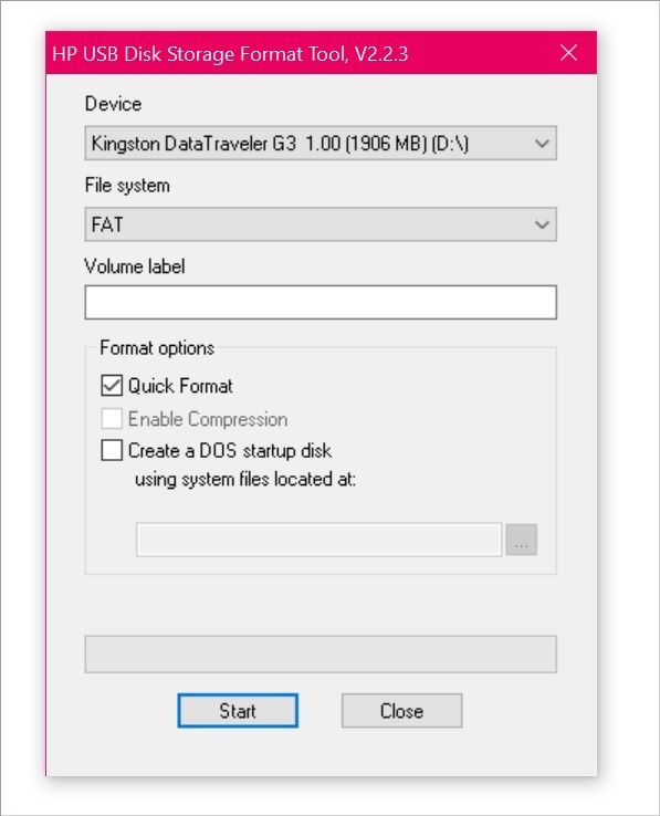 Captura de pantalla de la herramienta de formato de almacenamiento en disco del formateador de unidad flash USB de HP