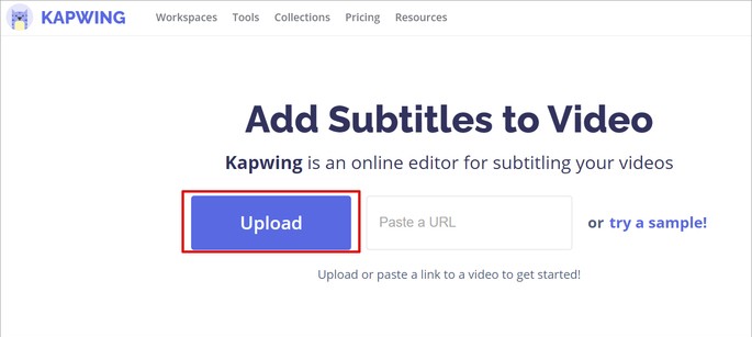 Pantalla para cargar video en el sitio web de Kapwing