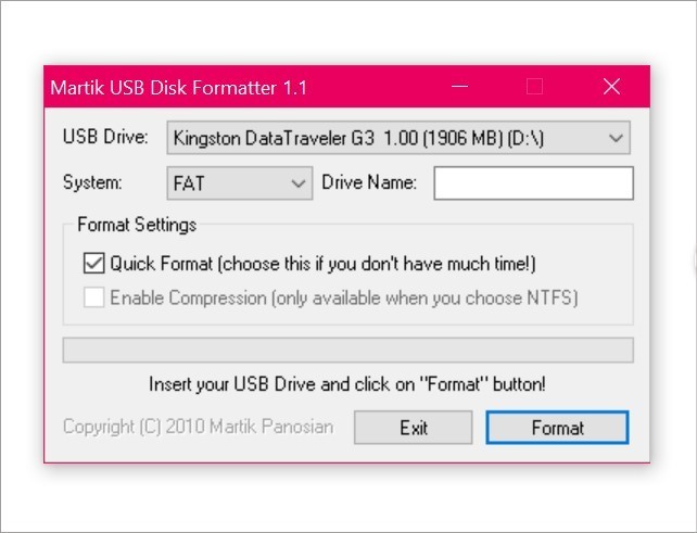 Captura de pantalla del formateador de pen drive Martik USB Disk Formatter