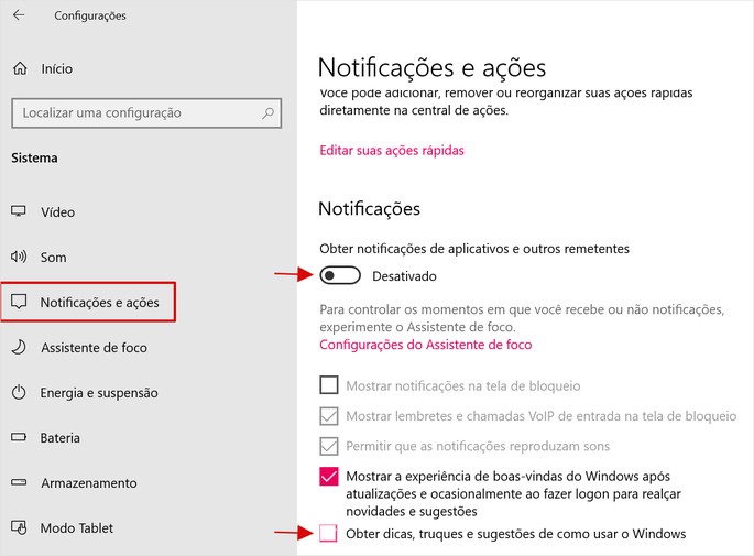 Pantalla de configuración de notificaciones y acciones de Windows 10