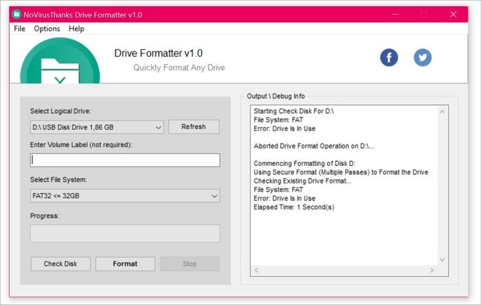 Captura de pantalla del formateador de unidad flash Novirusthanks Drive Formatter