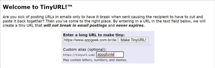Interfaz del sitio web de reducción de URL de TinyURL