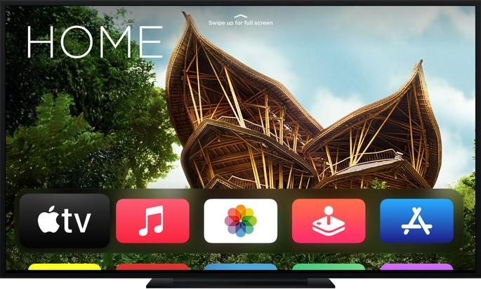 Televisor de pantalla plana conectado a la pantalla de inicio de Apple TV