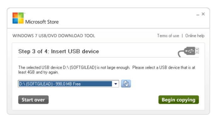 Captura de pantalla de la herramienta de descarga USB / DVD de Windows
